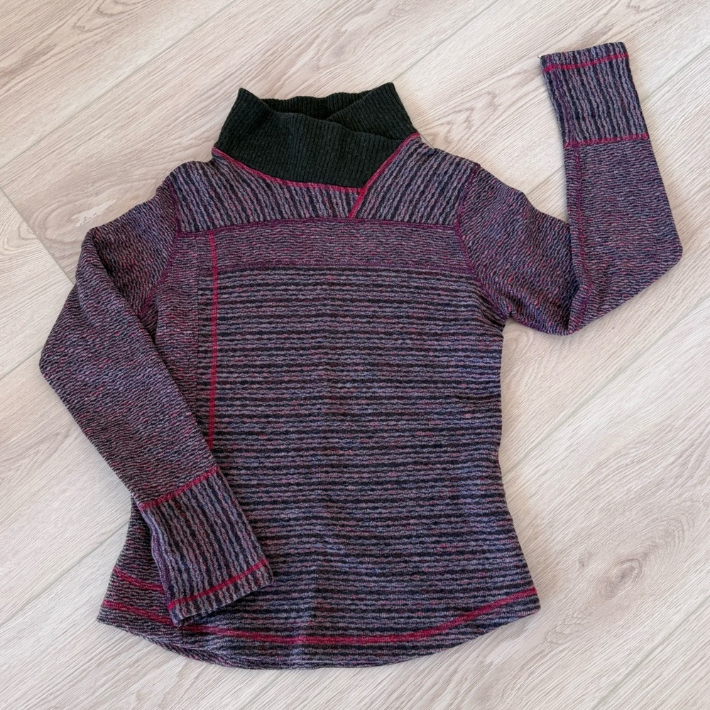 Prana Eleanor Cowl Neck Sweater in black and plum stripe